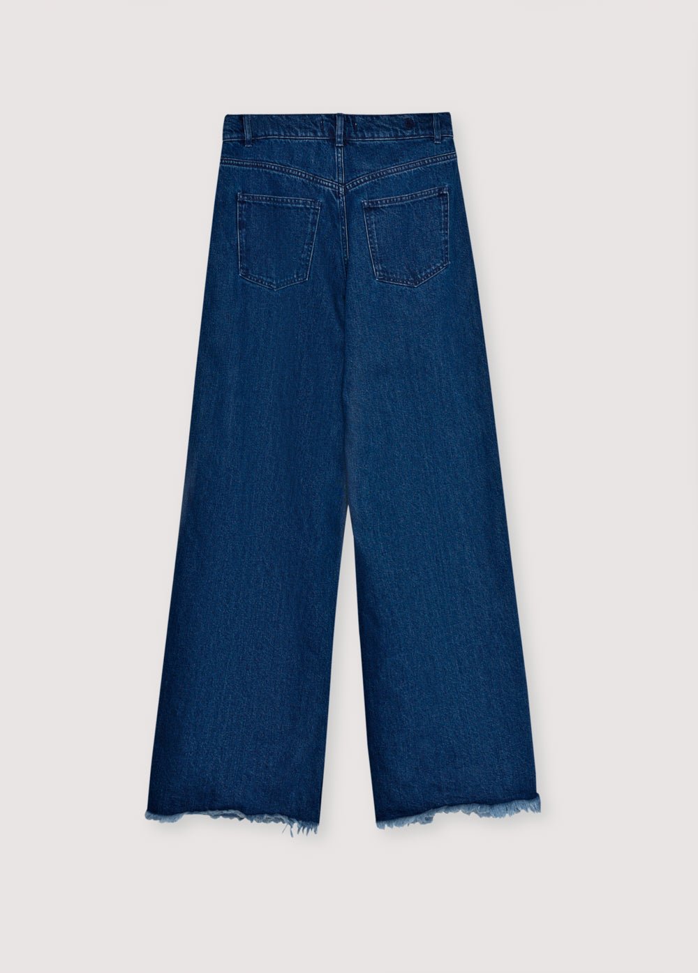 Dark wash denim pants with an extra-wide, relaxed fit. Designed with front and back pockets, side seam cuts that add volume to the leg, and a branded embroidery detail on the back waistband for a distinctive finish.