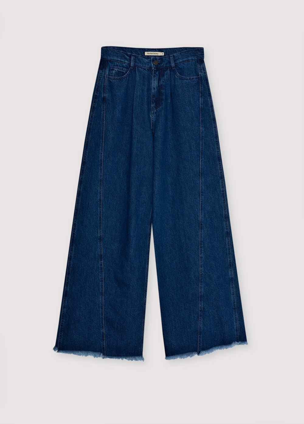 Dark wash denim pants with an extra-wide, relaxed fit. Designed with front and back pockets, side seam cuts that add volume to the leg, and a branded embroidery detail on the back waistband for a distinctive finish.