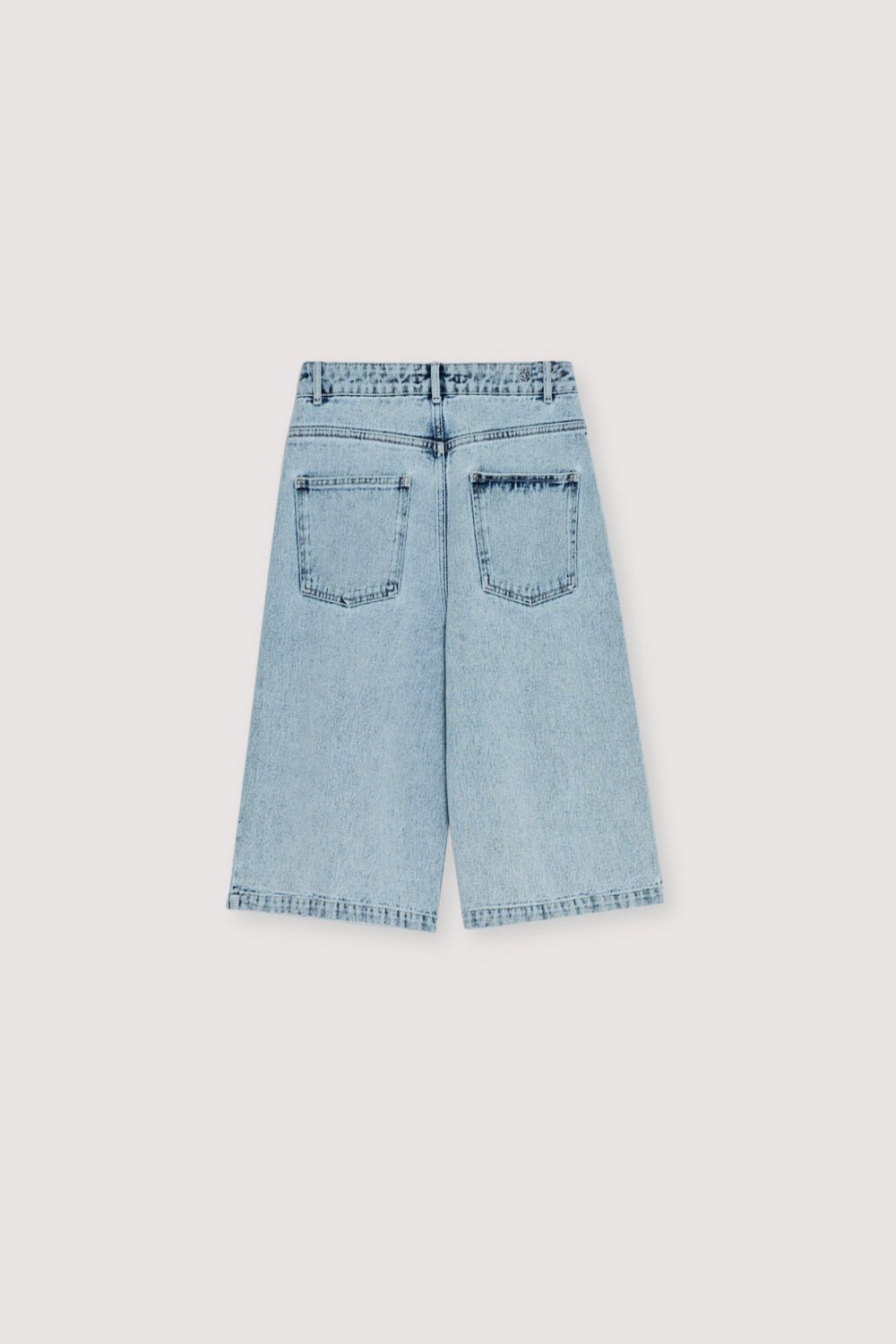 Bleach-wash denim bermuda designed with double front pleats for a structured yet relaxed silhouette.