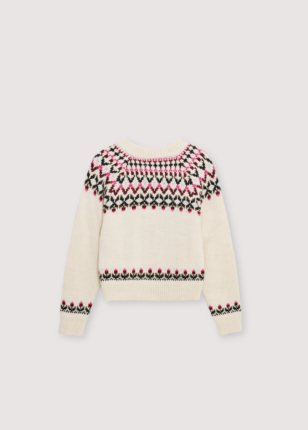 Cárdigan en lujosa mezcla de alpaca y lana, con abertura frontal con botones de madera y un hermoso diseño floral en jacquard en frente, espalda y mangas.