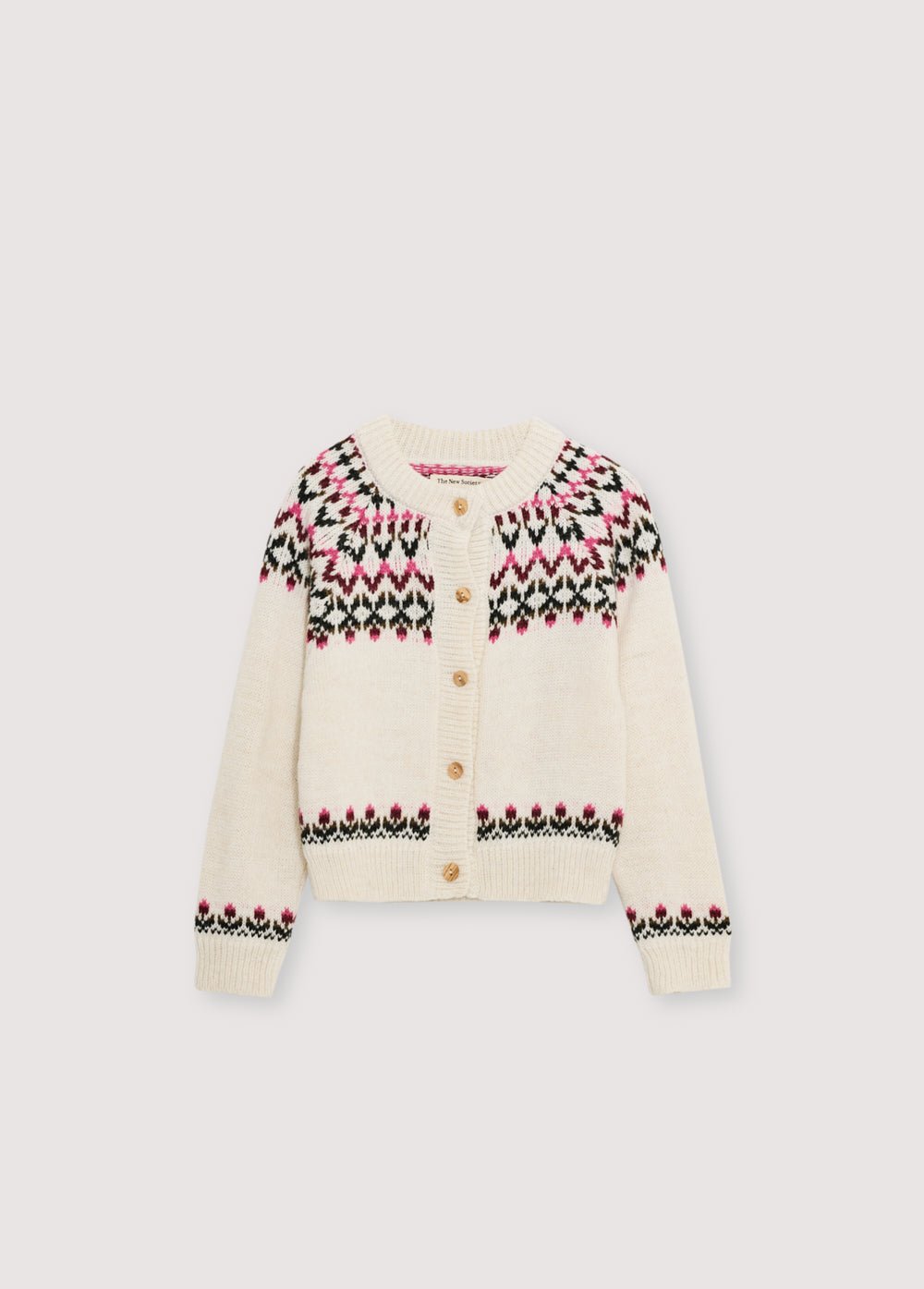 Cárdigan en lujosa mezcla de alpaca y lana, con abertura frontal con botones de madera y un hermoso diseño floral en jacquard en frente, espalda y mangas.