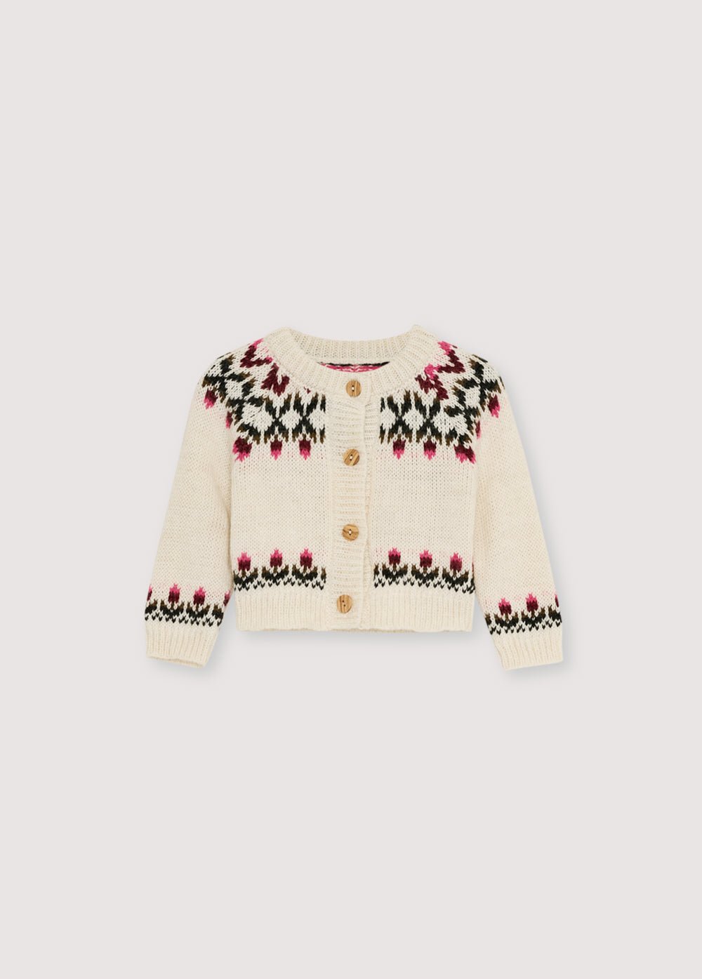 Cardigan in a luxurious alpaca and wool blend, featuring a front opening with wooden buttons and a beautiful floral jacquard design on the front, back, and sleeves. It pairs perfectly with matching pants for a complete look.