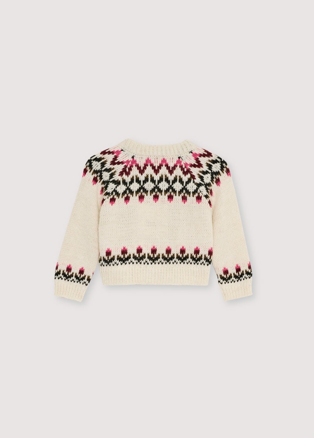 Cardigan in a luxurious alpaca and wool blend, featuring a front opening with wooden buttons and a beautiful floral jacquard design on the front, back, and sleeves. It pairs perfectly with matching pants for a complete look.