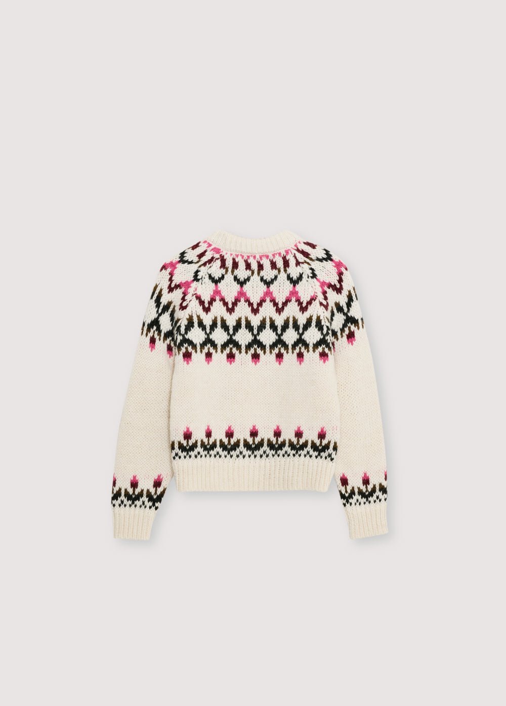 Jumper made from a soft alpaca and wool blend, featuring a beautiful colorful floral jacquard pattern on the front, back, and sleeves. It has ribbing at the neckline, hem, and cuffs.
